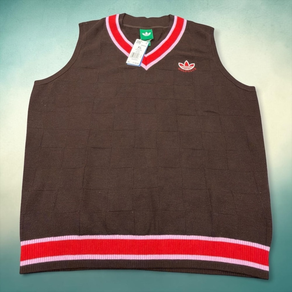 Adidas Golf Club Knit Vest Mens XL Brown V-Neck Checkerboard Trefoil JW9862 NEW